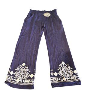 Heimish U.S.A. Womens Wide-Leg Pants W/ White Embroidered Blue size S